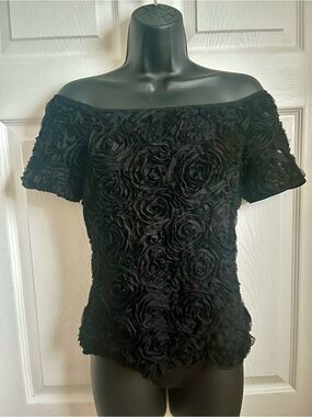 Joseph Ribkoff Top Blouse Shirt Off Shoulder Floral Lace Black 8 Medium Rosette